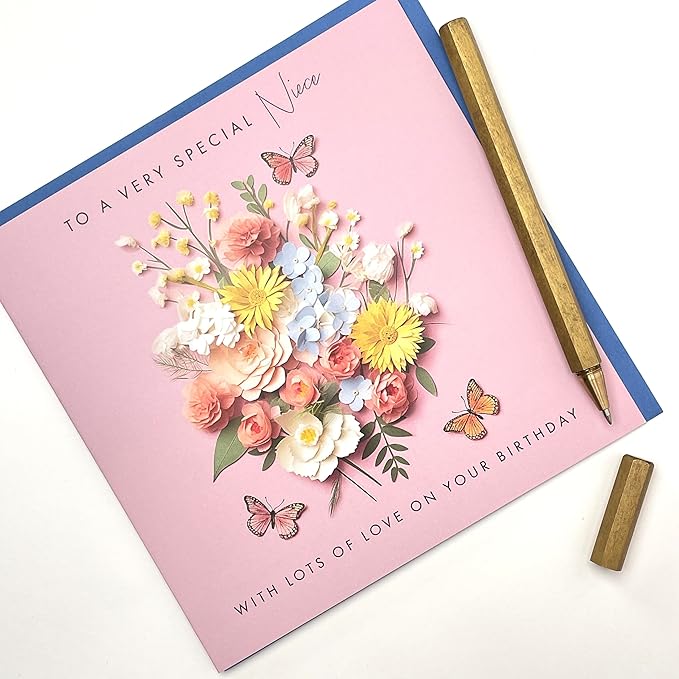 Old English Co. Special Niece Birthday Card for Her - Pink Flower Butterfly Artwork Birthday Card for Niece from Aunt Uncle - Cute Niece Birthday Card | Blank Inside Envelope
