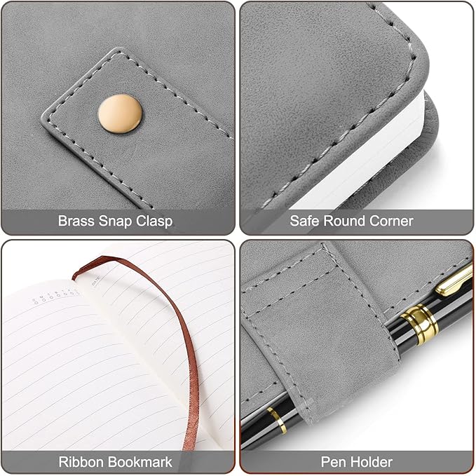 A5 Leather Journal Notebook with Pen, 200 Pages Hardcover Journal with Pocket, 100gsm Thick Lined Paper Daily Diary for Men and Women, Great Gift for Business School Travel Personal - Gray