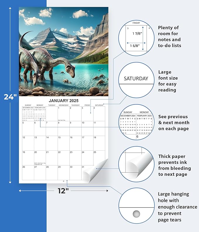 2025 Dinosaurs in National Parks Monthly Wall Calendar | 12" x 24" | Thick Sturdy Paper | Dinosaur Calendar 2025