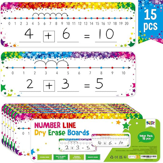 15 PCS Number Line Dry Erase Boards, Writable and Erasable Double Sided Board-0-10 on One Side & 0-20 on Other Side Math White Board for Kids, Students, Classroom and Home (12” x 4”, Colorful Stars)