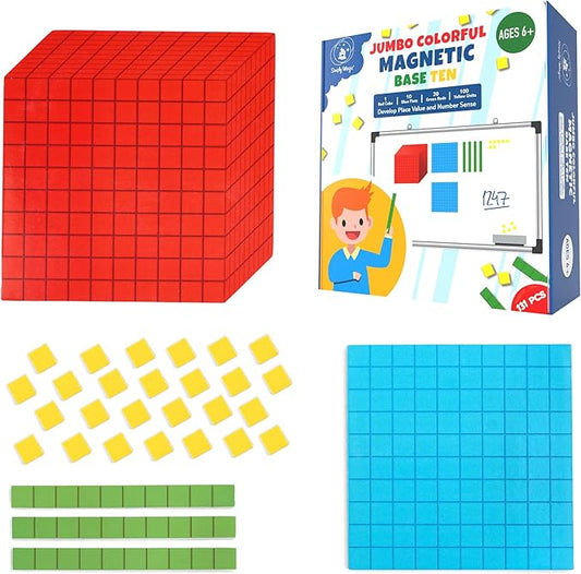 131 PCS Jumbo Magnetic Base Ten Blocks for Math - Place Value Blocks, Base 10 Math Manipulatives K-3, Number Blocks, Math Counters for Kids, Math Cubes, Counting Blocks, Kindergarten 1st 2nd 3rd Grade