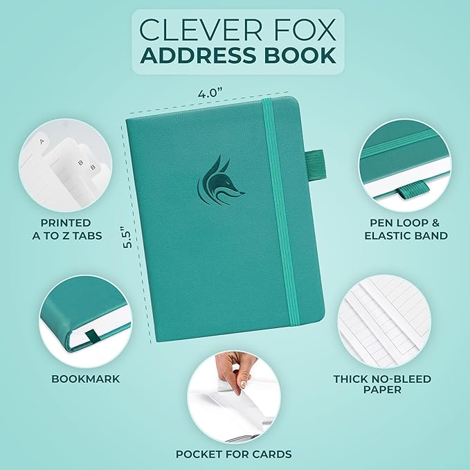 Clever Fox Address Book with alphabetic tabs - PU Leather Telephone and Address Book for Keeping Contacts Safe, Contact Organizer Journal, Small Size (4.0″ x 5.5″), Hardcover, Turquoise