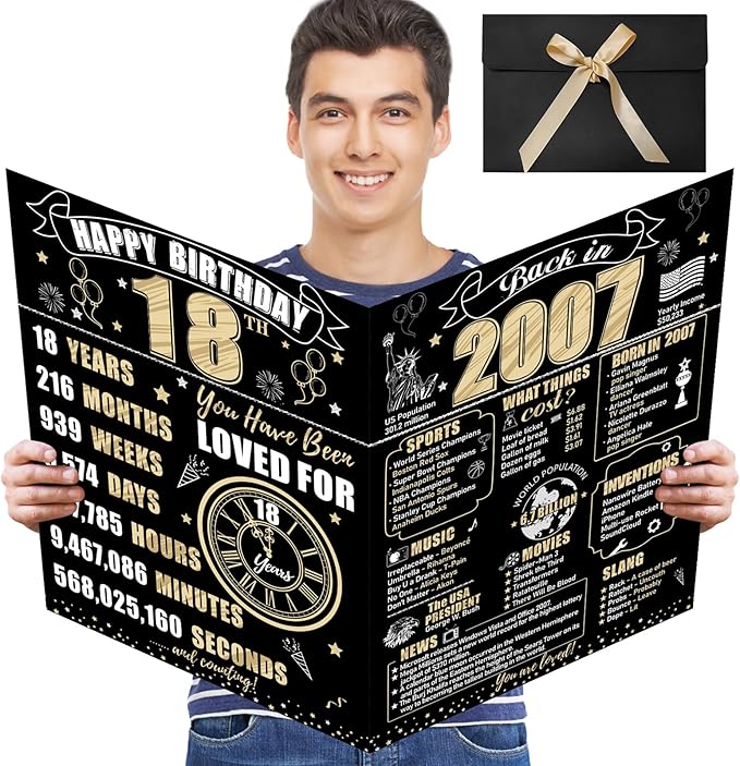 Large 18th Birthday Card With Envelope for Boys Girls, 2007 Black Gold Happy 18th Birthday Giant Guest Signature Book Gifts, Big Vintage 2007 18th Greeting Card Decoration Party Supplies