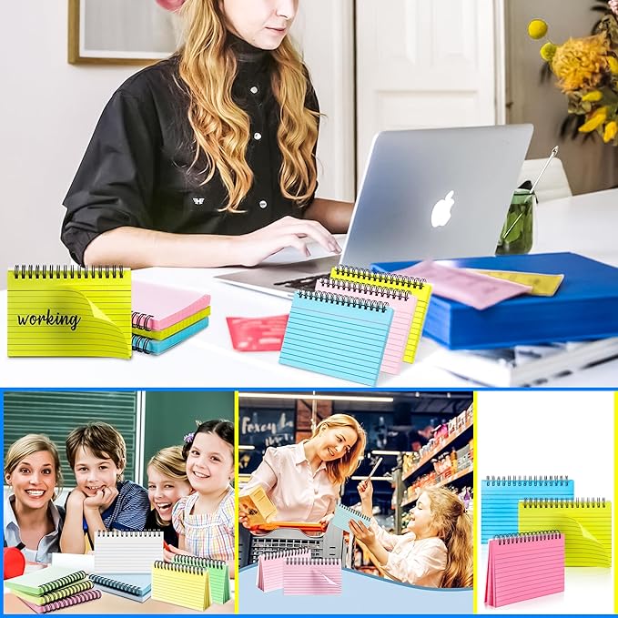 MotBach 150 Sheets Spiral Ruled Index Cards, 6 x 4 Inch, 3 Colors Spiral Bound Lined Index Cards Learning Note Cards Flash Cards with PP Cover for Memory Learning Home School Office To Do List