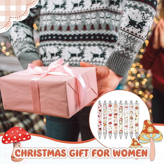 Ireer 8 Pcs Ballpoint Pens for Women 1.00 mm Cute Black Ink Fancy Pens Fine Point Smooth Writing for Journaling Aesthetic Office Supplies(Mushroom)