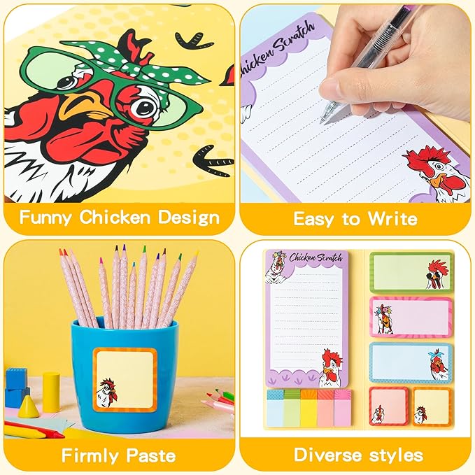 B1ykin Sticky Notes Set - Cartoon Theme Cute Self-Stick Notes Pad Teacher Appreciation Gifts， Self-Adhesive Writing Memo Pages Sticky to Do Notepad for Kids Employee School Office (Funny Chicken)