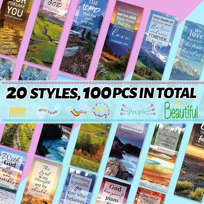 LiYiQ 100 Pcs Bible Verse Christian Bookmarks 6×2 inch Double-Sided Bookmarks for Christians Religious Bookmarks Cute Bookmarks for Reading Bookmarks for Students School Supplies