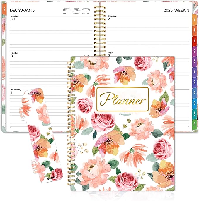SUNEE 2025 Weekly and Monthly Planner - from January 2025 - December 2025, 8.5"x11" Daily Agenda Planner with Monthly Tab, Flexible Cover, Note Pages, Pockets, Bookmark, Spiral Binding, Floral