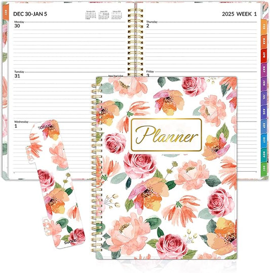 SUNEE 2025 Weekly and Monthly Planner - from January 2025 - December 2025, 8.5"x11" Daily Agenda Planner with Monthly Tab, Flexible Cover, Note Pages, Pockets, Bookmark, Spiral Binding, Floral
