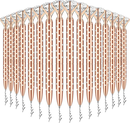 PASISIBICK 16 Pcs Rose gold Diamond Pens with Polka Dots - Bling Wedding Gifts for Women Bridesmaid Coworkers Metal Ballpoint Pens with Black Ink (Rose Gold with White Polka Dots)