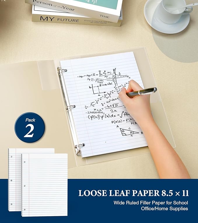 Loose Leaf Paper, Notebook Paper, 8.5 x 11 Wide Ruled Paper, 3 Hole Punch Binder Paper, Binder Notebook, Lined Paper for 3 Ring Binders, 200 Sheets Filler Paper, Writing Paper with Lines (2 Pack)