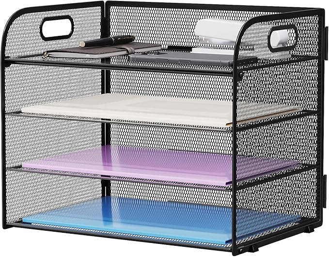 Marbrasse 4 Tier Paper Organizer Letter Tray - Mesh Desk File Organizer with Handle, Paper Sorter Organizer for Letter/A4 Office File Folder Holder (Black, 12.6" x 9.1" x 10.7")