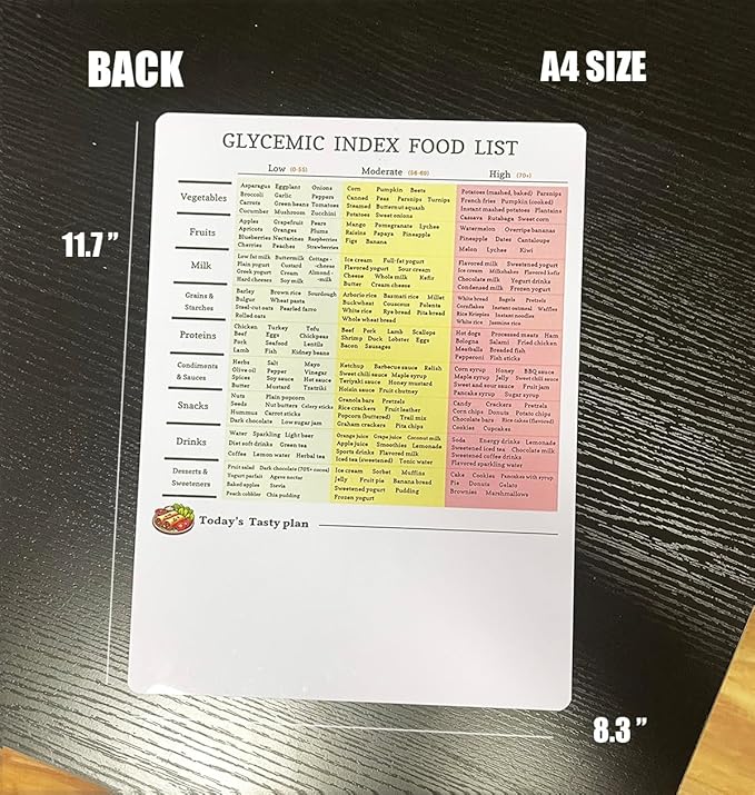 Reusable Diabetes Grocery Shopping List Food Chart & Meal Planner and Glycemic Index Diabetes Management | Double Sided Erasable material A4 size