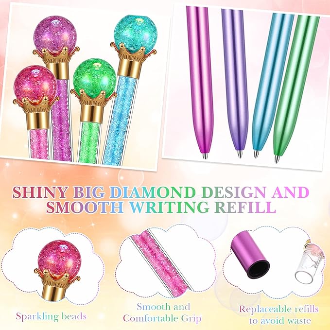 24 Pieces Big Crystal Diamond Pens Bling Ballpoint Pen Black Ink Rhinestones Pen for School Office Supplies Christmas Wedding Birthday Present, 4 Colors(Novel Style)