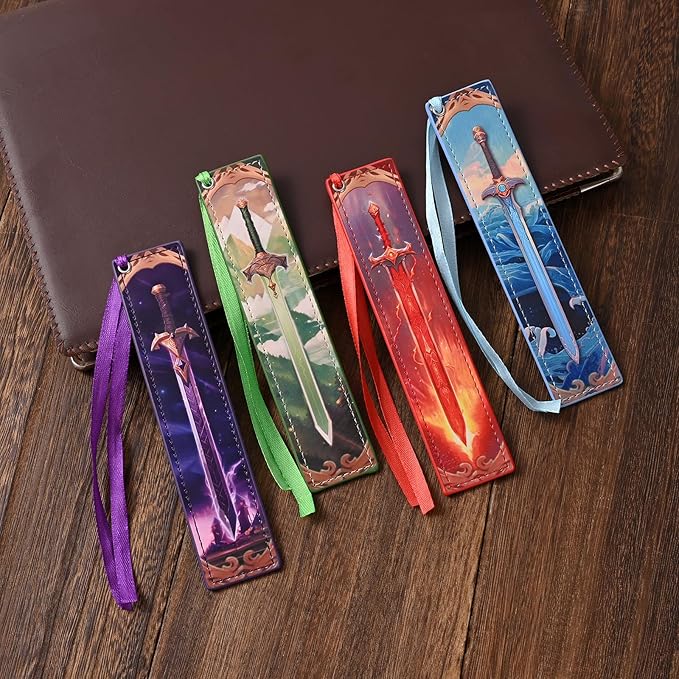 ZQZYMXQ 4Pcs Leather Sword Bookmarks for Men, Cool Fantasy Bookmarks Anime Bookmark, Gifts for Book Lovers Men (Sword)