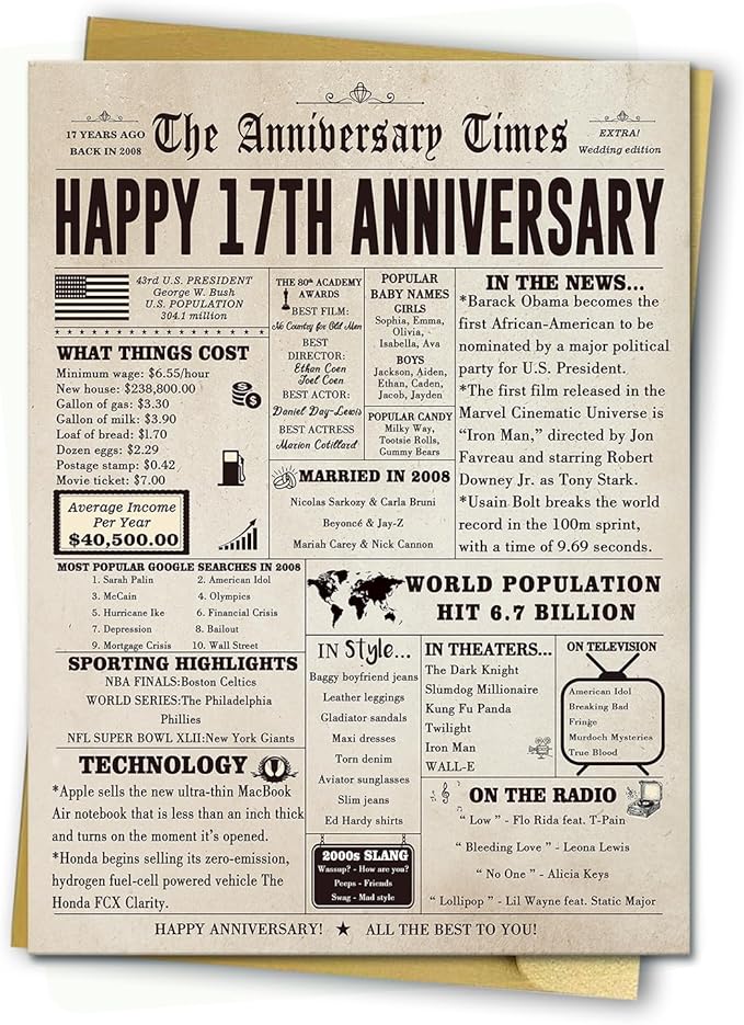Happy 17th Anniversary Cards Gifts for Women Men, Large 17th Wedding Anniversary Card Gift Ideas for Parents, Unique 17 Year Anniversary Card for Wife Husband