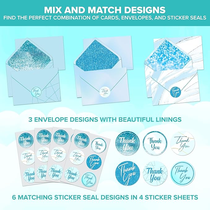 Decorably 24 Pack Glittery 6x4in Light Blue Thank You Cards with Envelopes and Stickers, 24 Elegant Designs, Blank Inside - Wedding, Baby Shower