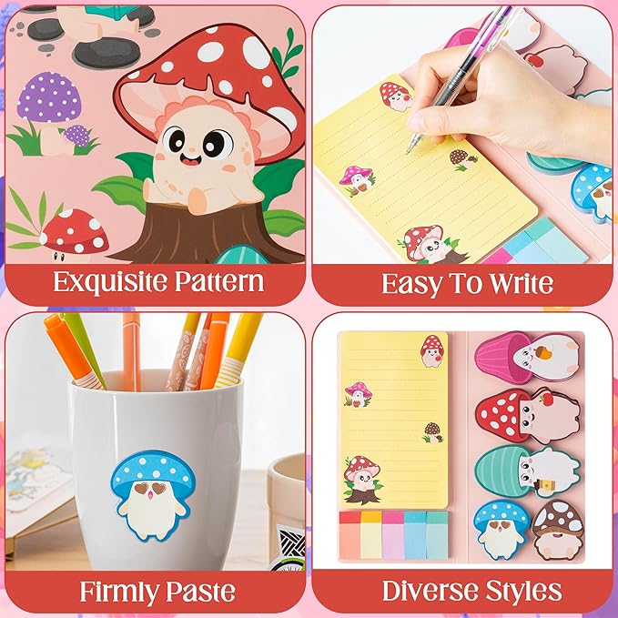B1ykin Sticky Notes Set - Cartoon Theme Cute Self-Stick Notes Pad Teacher Appreciation Gifts， Self-Adhesive Writing Memo Pages Sticky to Do Notepad for Kids Employee School Office (Mushroom)