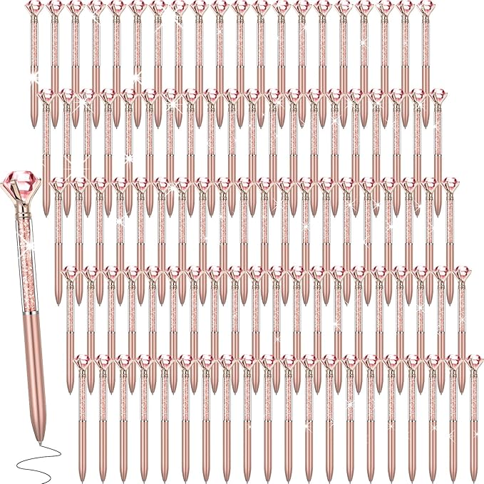 Sherr 100 Pack Big Crystal Diamond Pens Cute Ballpoint Pens Retractable Ballpoint Rhinestones Crystal Bling Gem Plated Black Gel Ink Office Supplies Gifts for Women(Rose Gold,Glitter)
