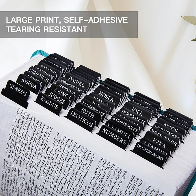 Laminated Bible Tabs for Women & Men - Large Print Tabs for Study Bibles, Boho Theme for Easy Navigation and Quick Reference - Easy-to-Read and Apply Tabs for All Ages-Black