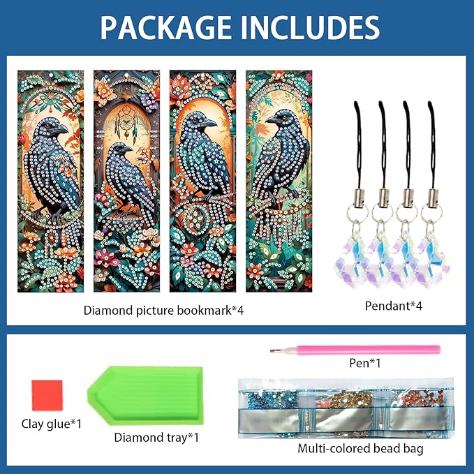 4-Piece Diamond Painting Bookmarks Set for Adults – DIY 5D Rhinestone Art Bookmarks with Tassels, Crow Design Diamond Art Bookmarks for Crafts and Gifts, Ideal Gift for Book Lovers
