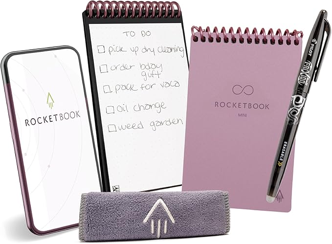 Rocketbook Mini Reusable Smart Notepad, Pocket Size Notebook 3.5x5.5, Pink - Dotted Pages, App-Connected, Erasable, Ideal for On-The-Go List Taking & Quick Notes Anywhere