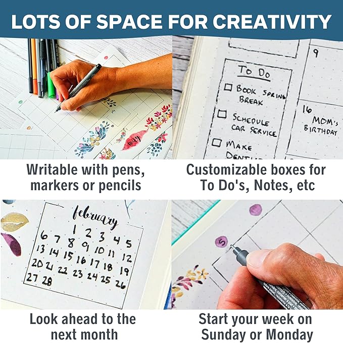 Undated Monthly Calendar Planner Stickers Compatible with A5 Bullet Dot Grid Journals (5.3 x 7.7") - 12-Month Calendars Cute Floral Illustrations, Flower Journal Supplies, Templates, Agenda Layouts