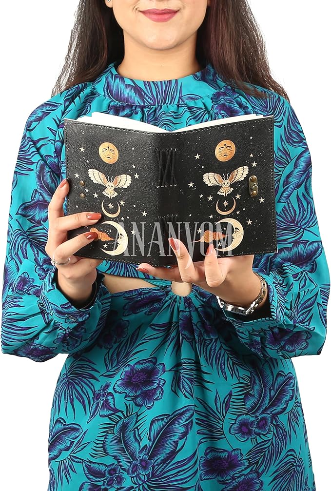 Handmade Leather Journal, Black, Sun & Moon Design, 8 x 6 Inch, 200 Unruled Pages, Hand Embossed, White Paper, Brass Clasp Lock, Vintage Notebook Diary, Sketchbook for Artists & Writers