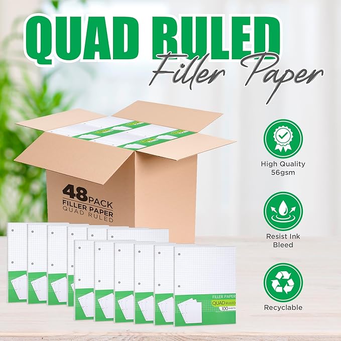 Graph Paper, Filler Paper Loose leaf Graph Paper - 8” x 10.5" - Graph Ruled, 4x4 Quad Ruled Notebook Paper, 3 Hole Punched Loose leaf Papers for 3 Ring Binders - 100 Sheets Pack (Bulk Buy - 48 Pack)