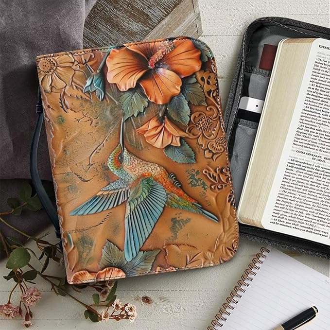 Lotusorchid Large Faux Leather Bible Cover, Hummingbird Bible Cover Case for Women with Handle Pocket, Hibiscus Bible Book Carrying Bags Bible Tote Bag, Bible Study Accessories, Orange, XL