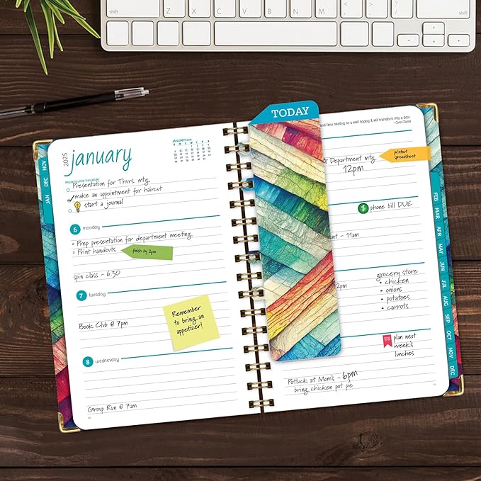 HARDCOVER 2025 Planner, 5.5"x8": 14 Months (November 2024 - December 2025), Daily Weekly Monthly Planner, Yearly Agenda, Bookmark, Pocket Folder and Sticky Note Set (Rainbow Oak)