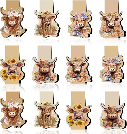Highland Cow Magnetic Bookmark - 12 Pcs Funny Animal Bookmarks Magnetic Floral Book Mark Magnets Cute Cow Magnets Bookmark Page Clip Gift for Book Lovers Students Teacher Reading Book Marks