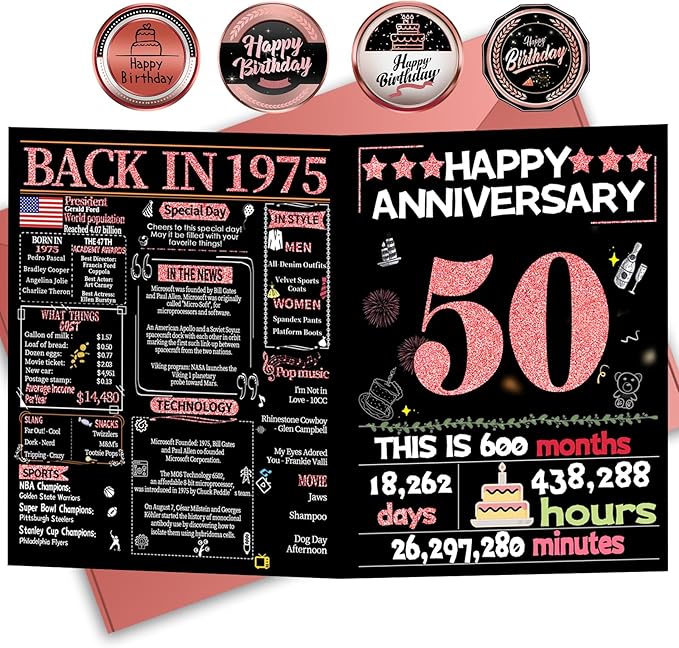 Joycard 50th Anniversary Card for Women, Gold Wedding Card for Wife, Sweet Marriage Decorations Gifts for Couple, Perfect for Her on Anniversary Day, Back in 1975