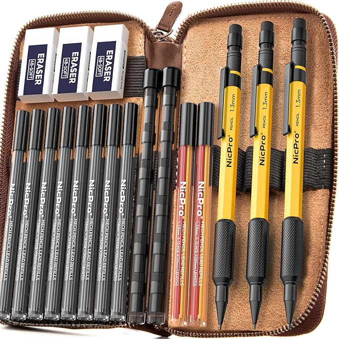 Nicpro 17PCS 1.3 mm Mechanical Pencil Set in Leather Bag with 90 Lead Refill,3 Eraser,12 Eraser Refills- Weatherproof Metal Barrel,Heavy Duty Carpenter Pencil for Outdoor Marking Drawing Woodworking