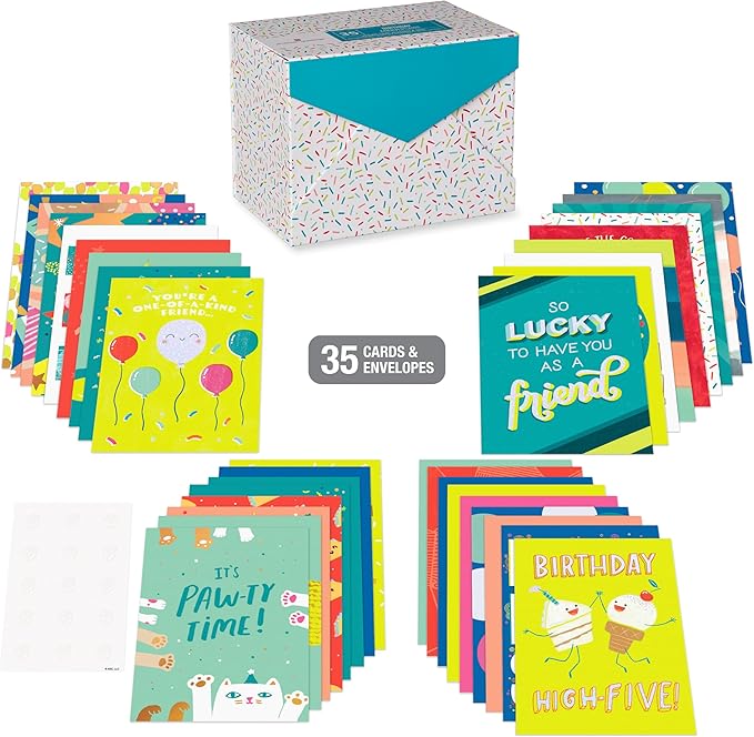 American Greetings 35-Count Birthday Card Assortment with Envelopes, Seals, and Storage Box (Confetti)