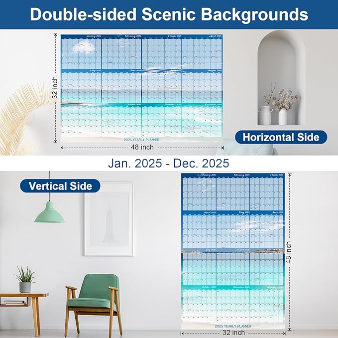 32" x 48" 2025 Wall Calendar Dry Erase - Large Scenery Background Calendar Wet & Dry Erasable Laminated 12 Month Annual Yearly Planner, Reversible, Horizontal/Vertical (2025 Beach Wall Calendar)