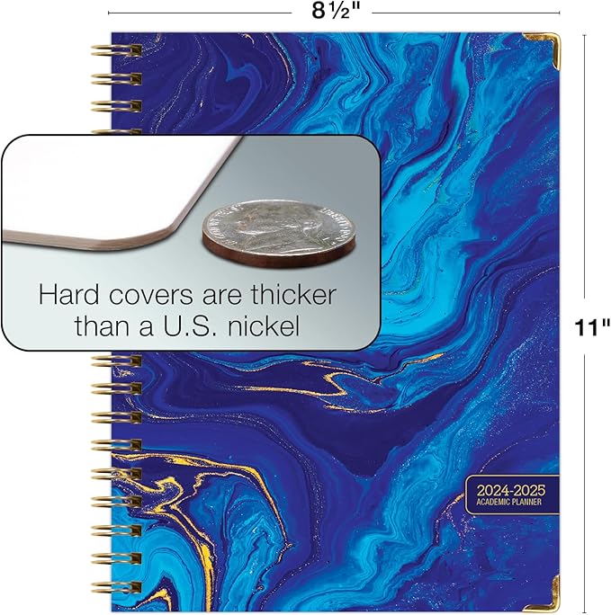 HARDCOVER Academic Year 2024-2025 Planner: (June 2024 Through July 2025) 8.5"x11" Daily Weekly Monthly Planner Yearly Agenda. Bookmark, Pocket Folder and Sticky Note Set (Dark Blue Marble)