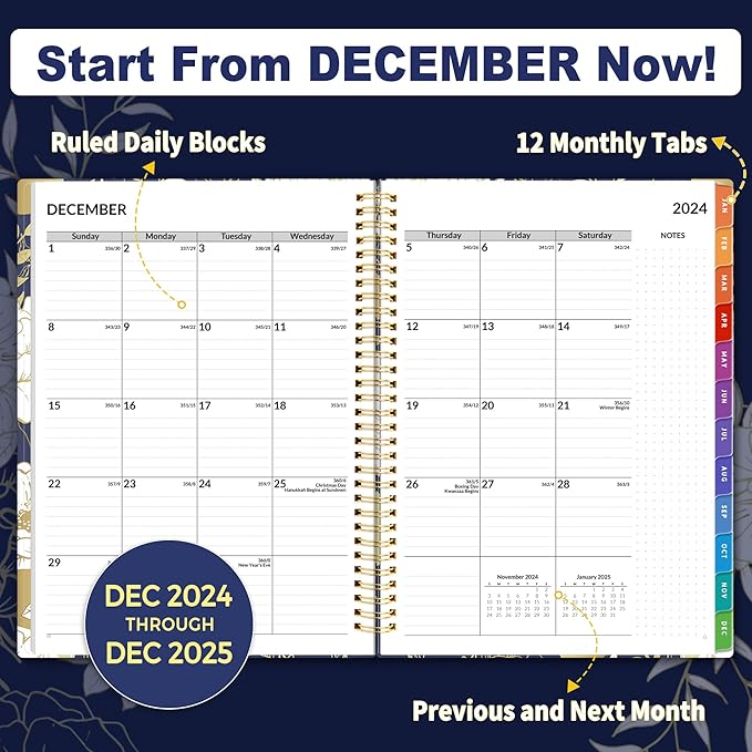 SUNEE 2025 Weekly and Monthly Planner - from January 2025 - December 2025, 8.5"x11" Daily Agenda Planner with Monthly Tab, Flexible Cover, Note Pages, Pockets, Bookmark, Spiral Binding, Dark Blue