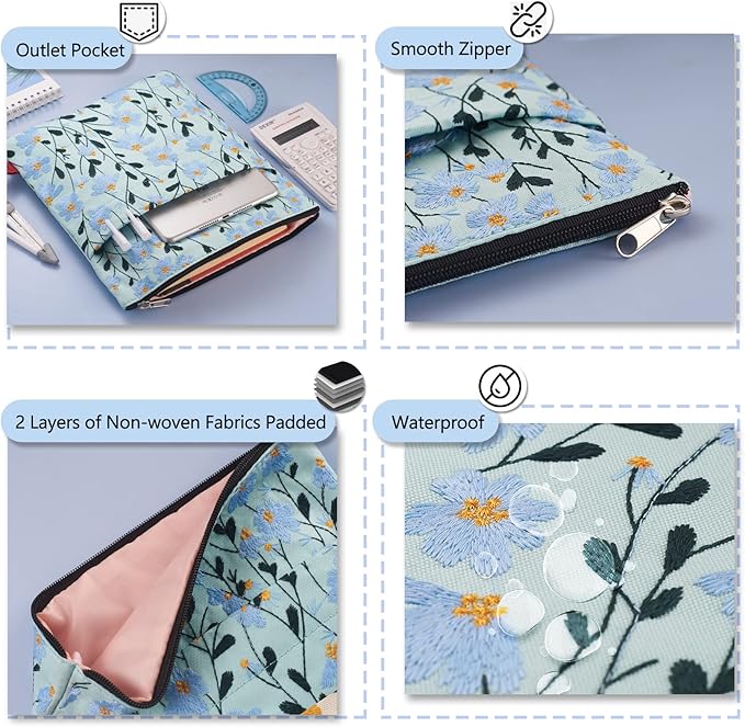 LParkin Daisy Flower Embroidery Book Sleeve with Zipper for Readers Protector Cover Gift for Book Lovers, 11x 8.5 Inch Washable Fabric, Daisy Blue