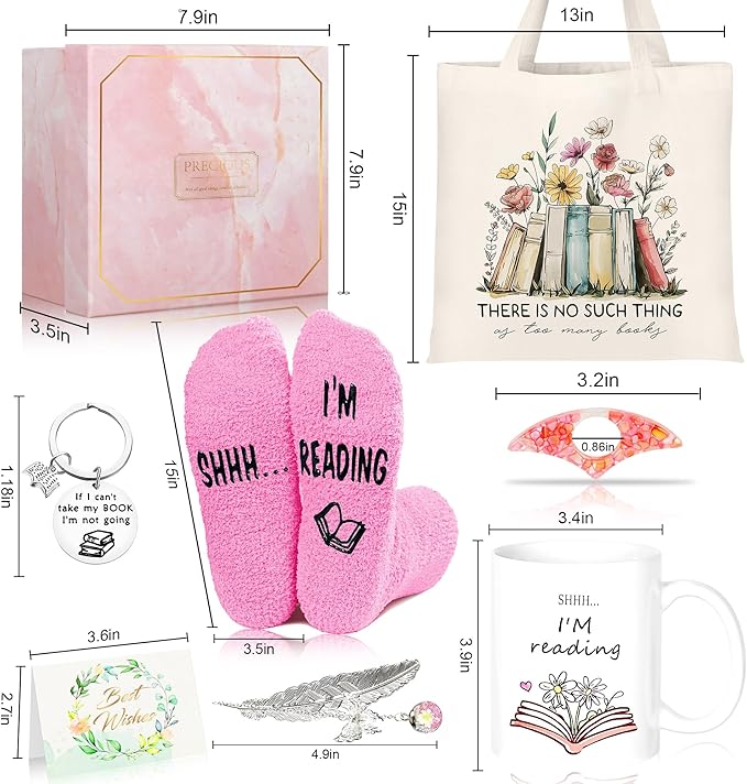 Bookish Book Lovers Gifts Readers - 7pcs Reading Accessories w/Bookmark, Cozy Socks, Cute Tote Bag, Coffee Mug, Hanging Decor and Cards, Booklovers Gift Idea for Women Bookworm Teacher Librarian