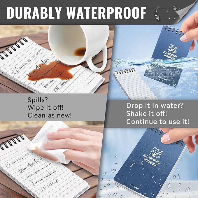 POPYOLA 1 Pack Waterproof Pocket Notebook, 3x5 Pocket Notepad, All Weather Mini Spiral Notepad, Write in the Rain Police Notepad with 100 Squared Pages for Outdoor Home Office School, Blue