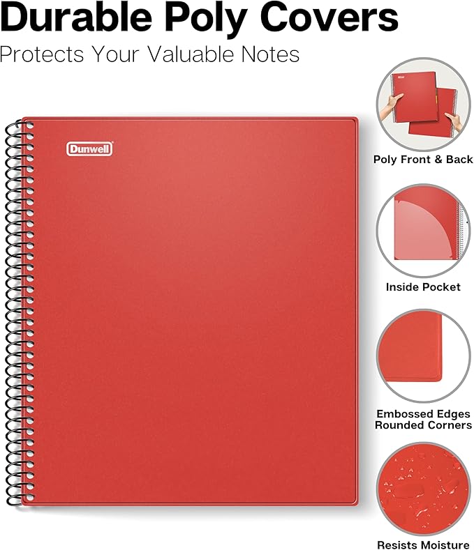 Dunwell 5-Subject Spiral Notebook, College Ruled (Red), Colorful Movable Pocket Dividers with Tabs, Front/Back Plastic Covers, 200 Sheets (400 Pages) of 3-Hole Punch Perforated 8.5x11 Paper