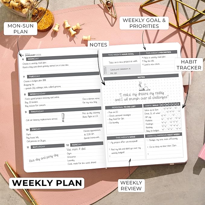 Clever Fox Dated Planner 2025-2026 – Weekly Life Planner Notebook for Goal Setting & Time Management – Planner with Habits Tracker, to-do List & Dated Pages – A5, Lasts 1 Year (Rose Gold)