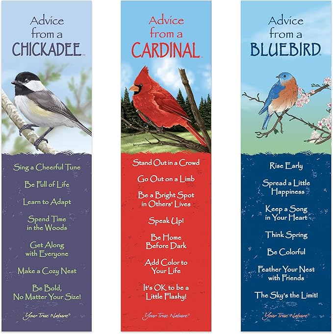 Advice from Nature 3 Bookmark Birds Set, Laminated with Glossy Finish, Printed on Recycled Paper - Cardinal, Chickadee, Bluebird (AMBM-BIRDS)