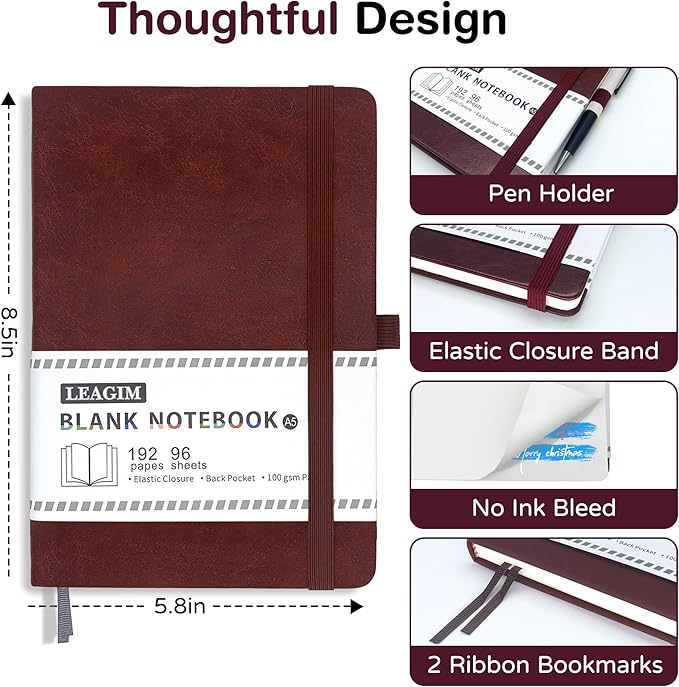 Blank Journal Notebook, A5, 192 Pages 100 GSM Thick Sketch Book for Women Men, Hardcover Leather Unlined Journaling for Work, Notebooks for Writing, 5.8 inches x 8.5 inches (Burgundy)