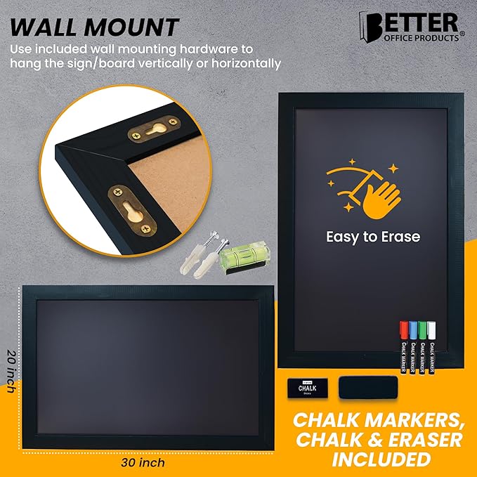 Magnetic Wall Chalkboard, Extra Large Size 20" x 30", Wood Frame, Chalkboard Sign, Vertical or Horizontal Wall Mount, Includes 4 Chalk Markers, Chalk & Eraser, by Better Office Products (Solid Black)