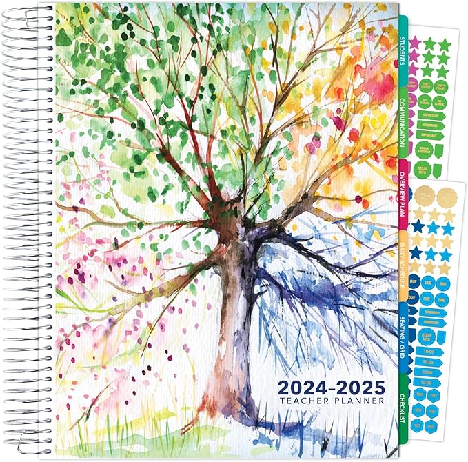 Aug 2024-Jul 2025 Deluxe Teacher Planner Notebook 8.5x11 Daily Weekly Monthly Organizers with 7 Periods, Pocket Folder, Dated Calendar, Page Tabs, Bookmark and Planning Stickers (Tree Seasons)
