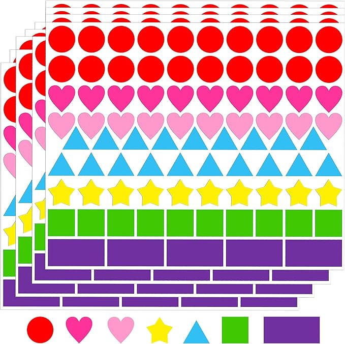 2016 PCS Multi-Shaped Color Coding Stickers 7 Colors 6 Shape Coding Labels Dot Stickers for Toddlers Kid DIY Student Classroom,Office,Etc(Round,Hearts,Stars,Triangle,Square,Rectangle)