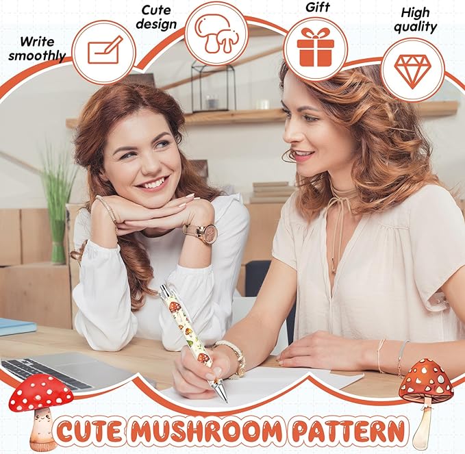 Ireer 8 Pcs Ballpoint Pens for Women 1.00 mm Cute Black Ink Fancy Pens Fine Point Smooth Writing for Journaling Aesthetic Office Supplies(Mushroom)