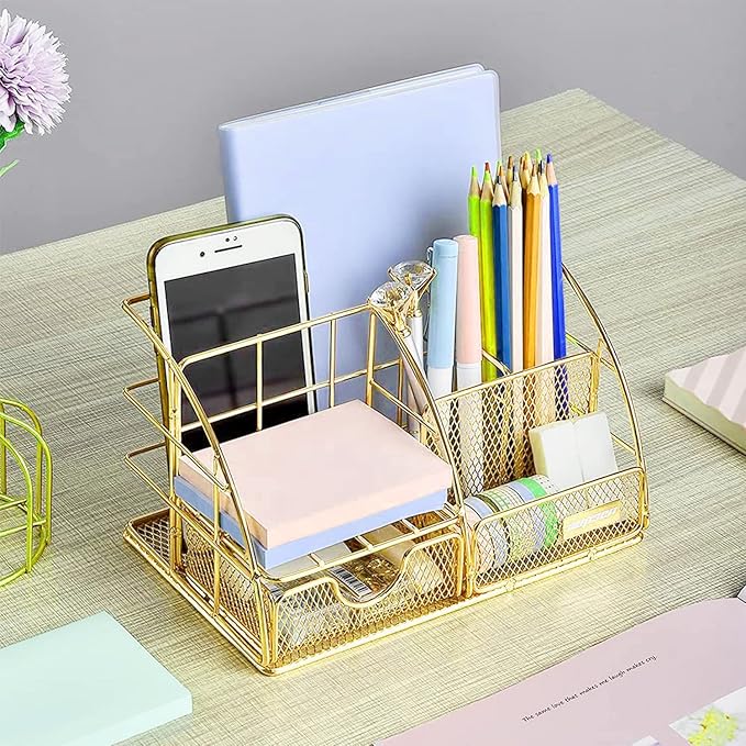 JUOPIEA Desk Organizers and Accessories Office Supplies Organizer with Pen Holder, 72 Clips Set and Phone Stand, Metal Mesh Desktop Organizers with Drawer for Home, Office, School Ect (Gold)